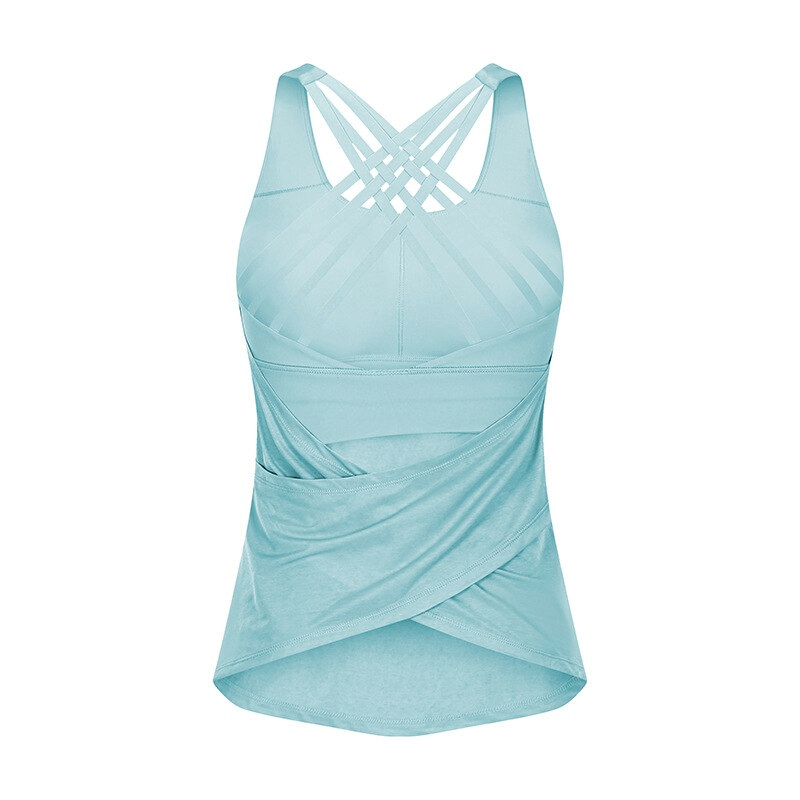 Light blue sporty women's top with open back, cross straps, and draped front. Ideal for yoga and workouts, style SF1169.